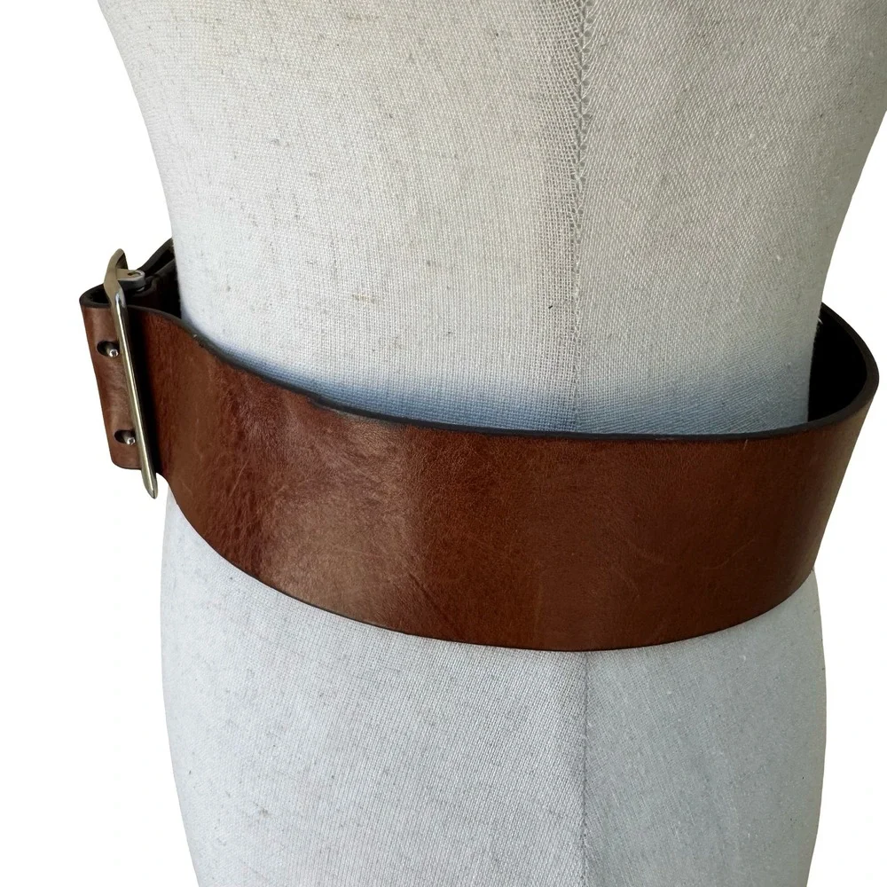 Vintage Y2K Wide Boho Western Cowgirl Brown Leather Statement Belt Silver Buckle